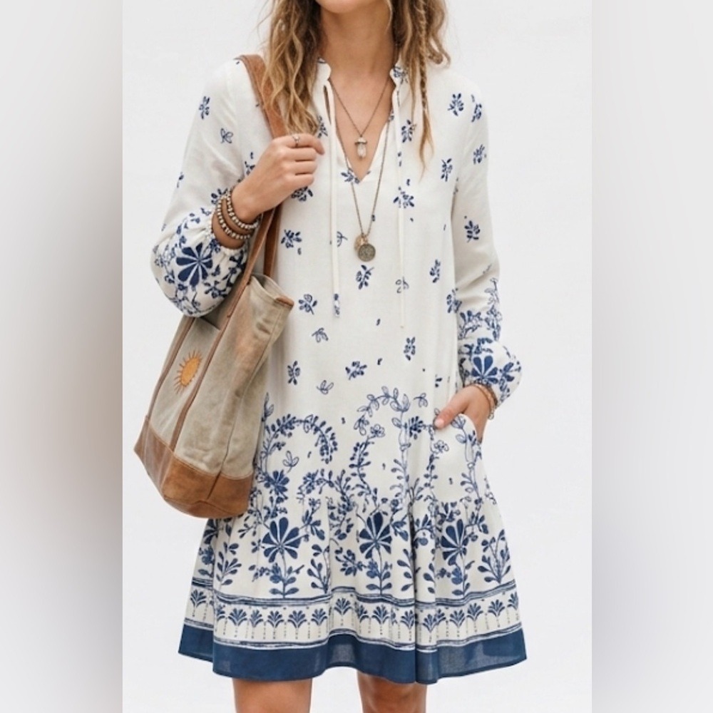 Rachel Zoe Blue White Floral Tie Neck Long Sleeve Tiered Mini Dress Small